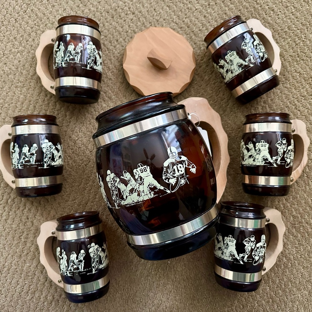 Vintage Amber Brown Siestaware Football Mugs + Pitcher w Lid